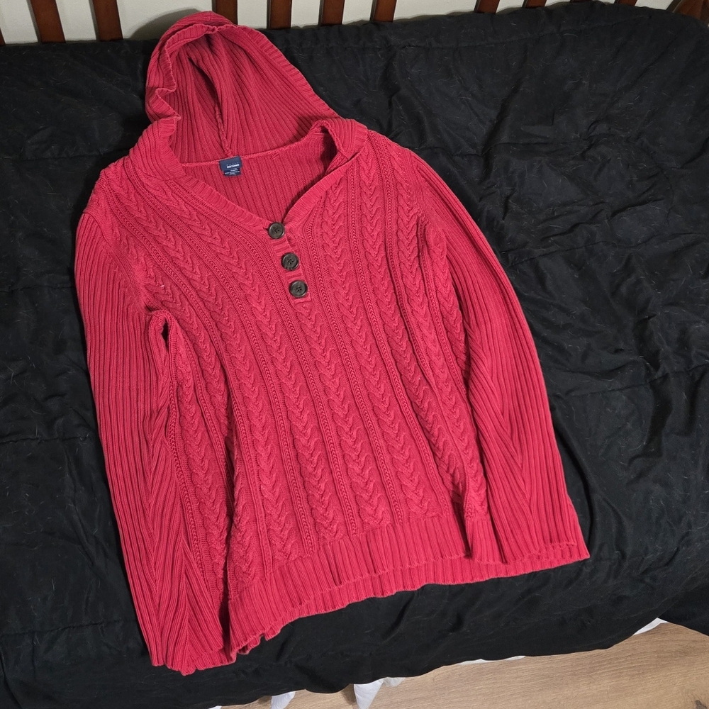 Basic Editions Red Cowl Neck Sweater with Chunky Knit and Hood